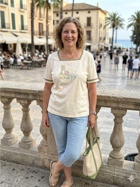 Bon Worth Cream Tee with Olive Trim and Pastel Embroidery